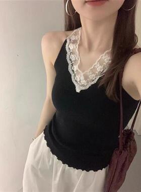 夏季洋气百搭法式甜美风V领拼接蕾丝修身内搭无袖针织背心上衣