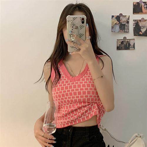 韩版短款修身显瘦格纹无袖针织小背心女2025新款翻领百搭外穿上衣