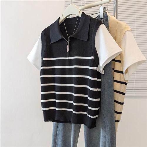 韩系夏季新款假两件短袖针织衫POLO领拼接条纹半拉链撞色t恤上衣