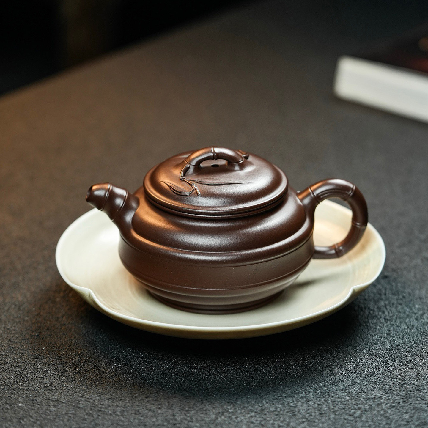 送礼佳品宜兴紫砂壶纯手工茶壶名家原矿老紫料双线竹鼓壶220cc