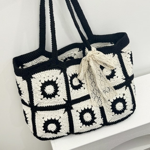 Stuuuly手工 祖母格花片大包空心棉线编织diy材料包单肩托特包