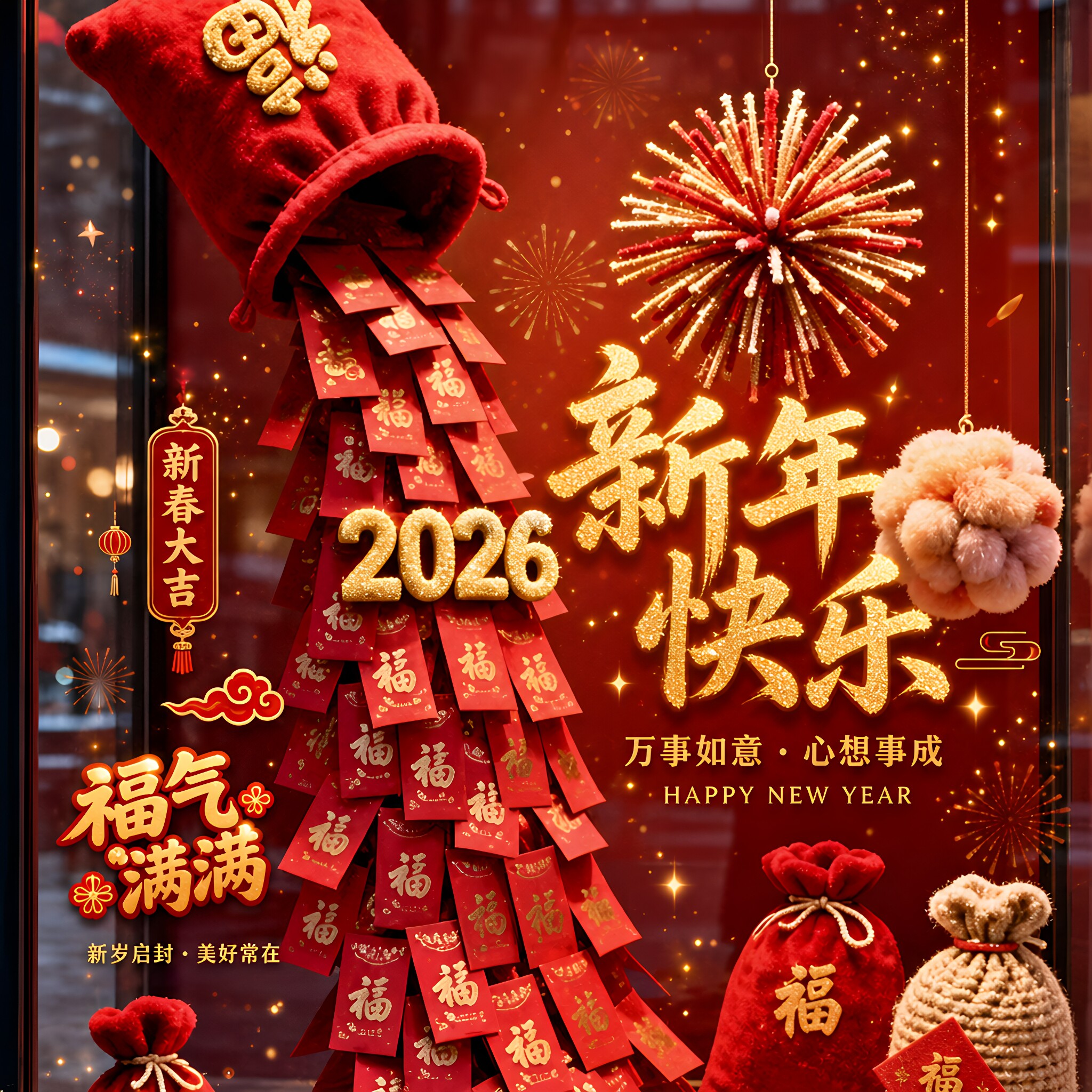 场店铺橱窗新年瀑布红包福袋定制商美陈装饰2027春节氛围布置装饰