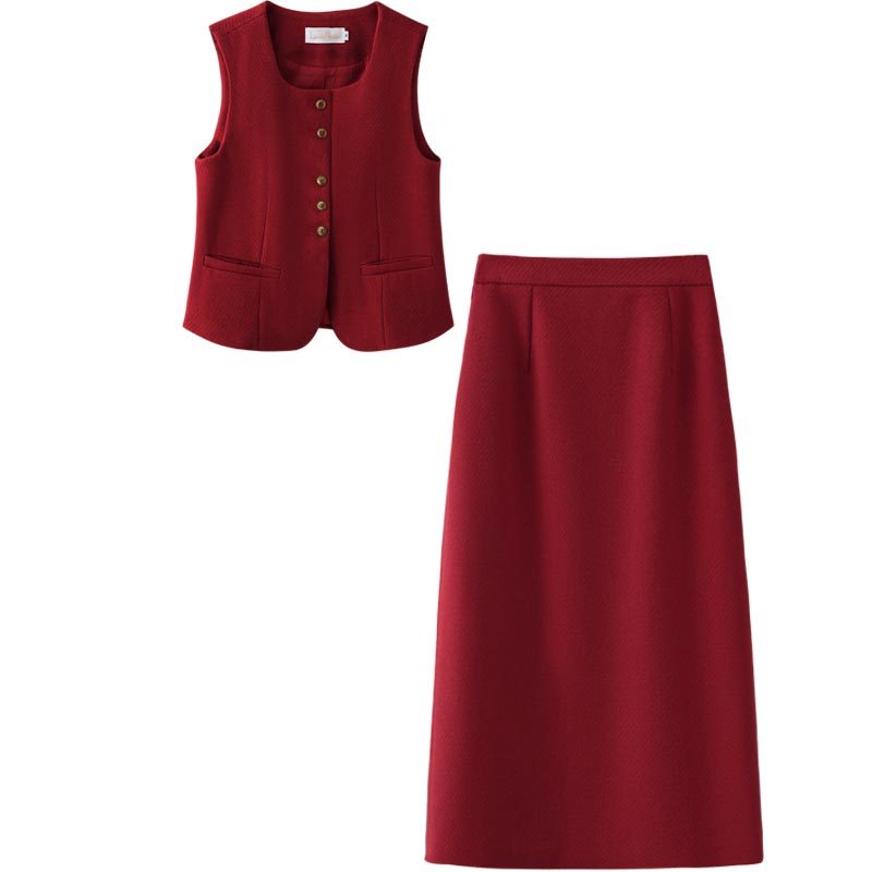 2025马甲套装裙女红色秋冬毛呢修身名媛风时尚显瘦半身裙两件套,女装/女士精品,时尚套装,淘宝优惠券,粉丝福利购,淘宝优惠卷