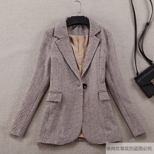 格子西装外套女春秋修身收腰格纹英伦风加厚毛呢西服千鸟格小西装