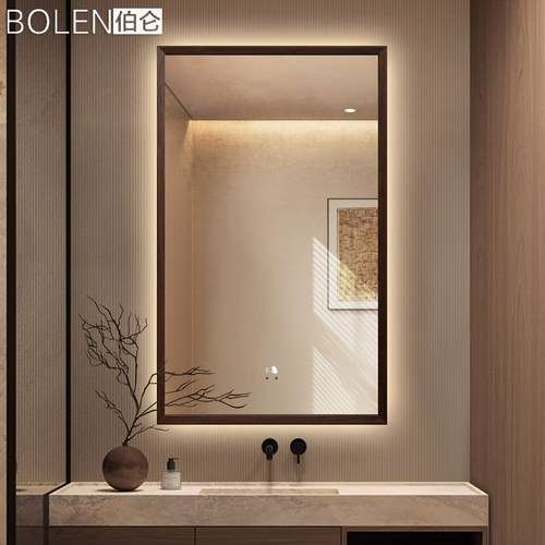 BOLEN实木框浴室镜复古中古风镜