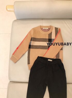 儿童男孩欧美英伦风格子条纹卡其色圆领套头毛衣针织衫秋冬新款