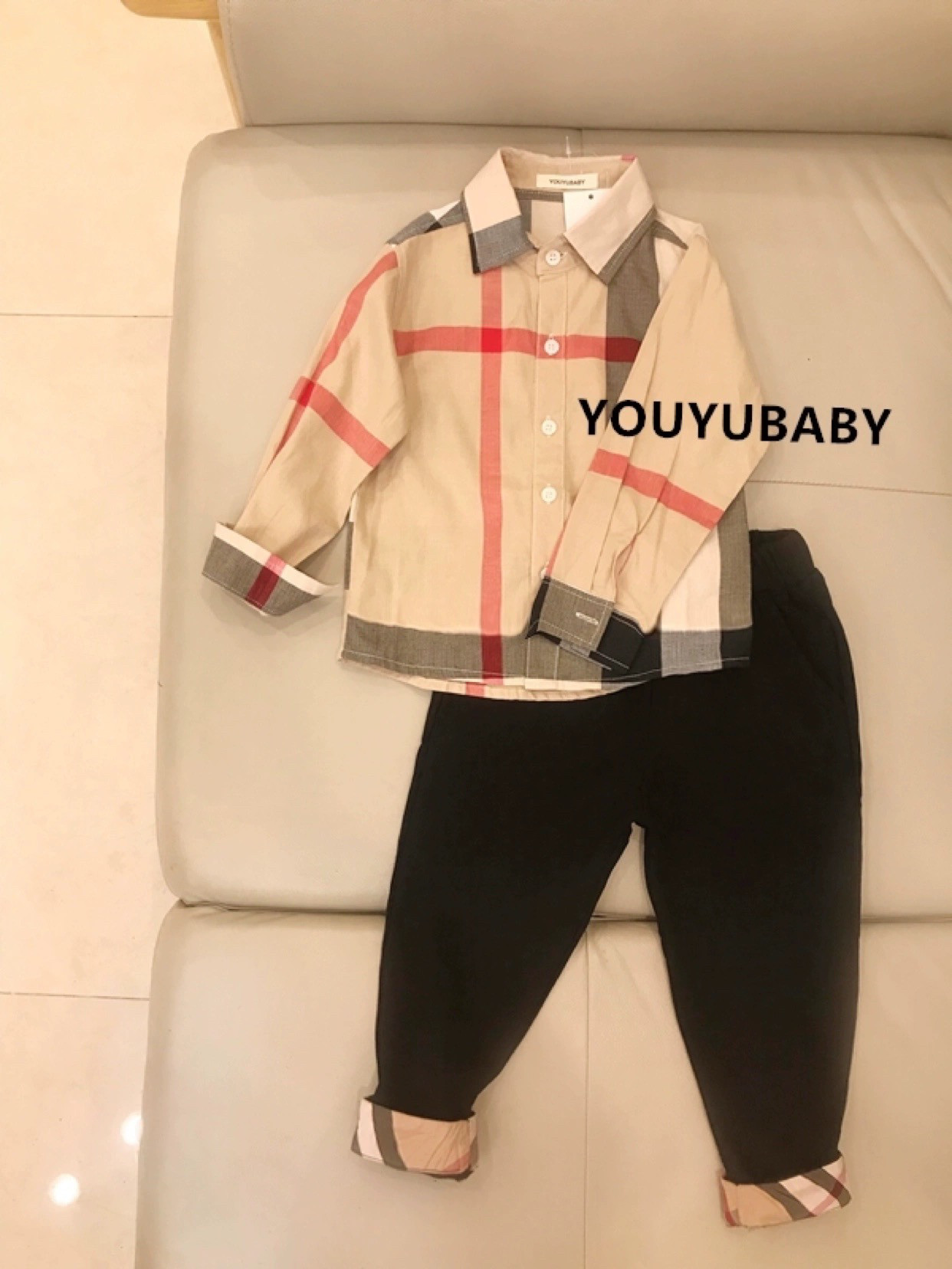 儿童格子衬衫男童春秋款纯棉洋气男宝上衣英伦风格子长袖翻领衬衫