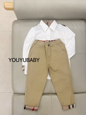 贝妮祺儿童男孩宝欧美英伦风格子翻边卡其色松紧带纯棉长裤春秋款