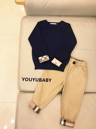 儿童男孩欧美英伦风格卡其色休闲长裤春秋款纯棉松紧带翻边裤脚