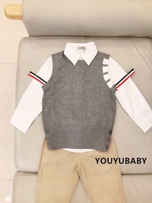贝妮祺儿童男孩英伦学院风织带灰色圆领毛衣背心针织衫坎肩秋冬款