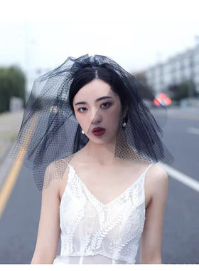 黑色新娘短款蓬松走秀表演头纱