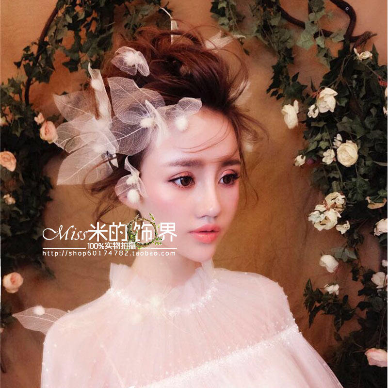 白色干花叶造型新娘韩式婚纱配饰对夹套装头饰花仙子儿童表演礼服