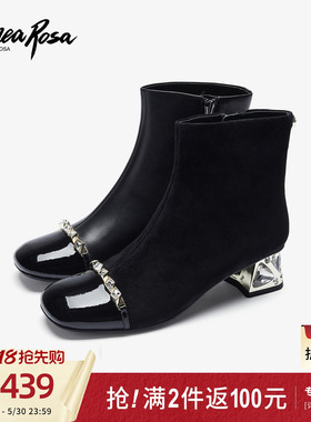 恋尚萝莎商场同款新款时尚拉链黑色真皮粗跟短靴子女鞋37802