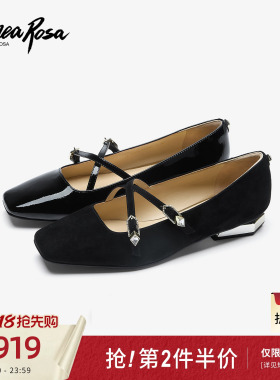 恋尚萝莎商场同款夏季新款黑色法式真皮方头玛丽珍单鞋女19715