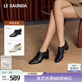 莱尔斯丹新款 54702 粗跟舒适通勤真皮黑色复古拉链脚踝短靴子女鞋