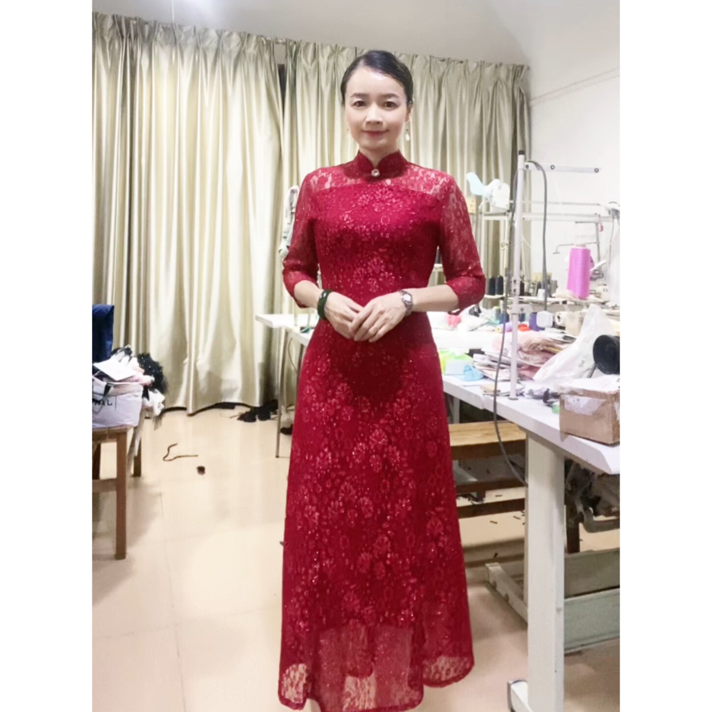 高端改良旗袍七分袖蕾丝优雅修身连衣裙婚礼宴会中国风礼服中长款