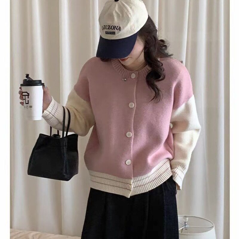 韩版圆领针织开衫女2025新款甜美宽松休闲撞色复古棒球服毛衣外套