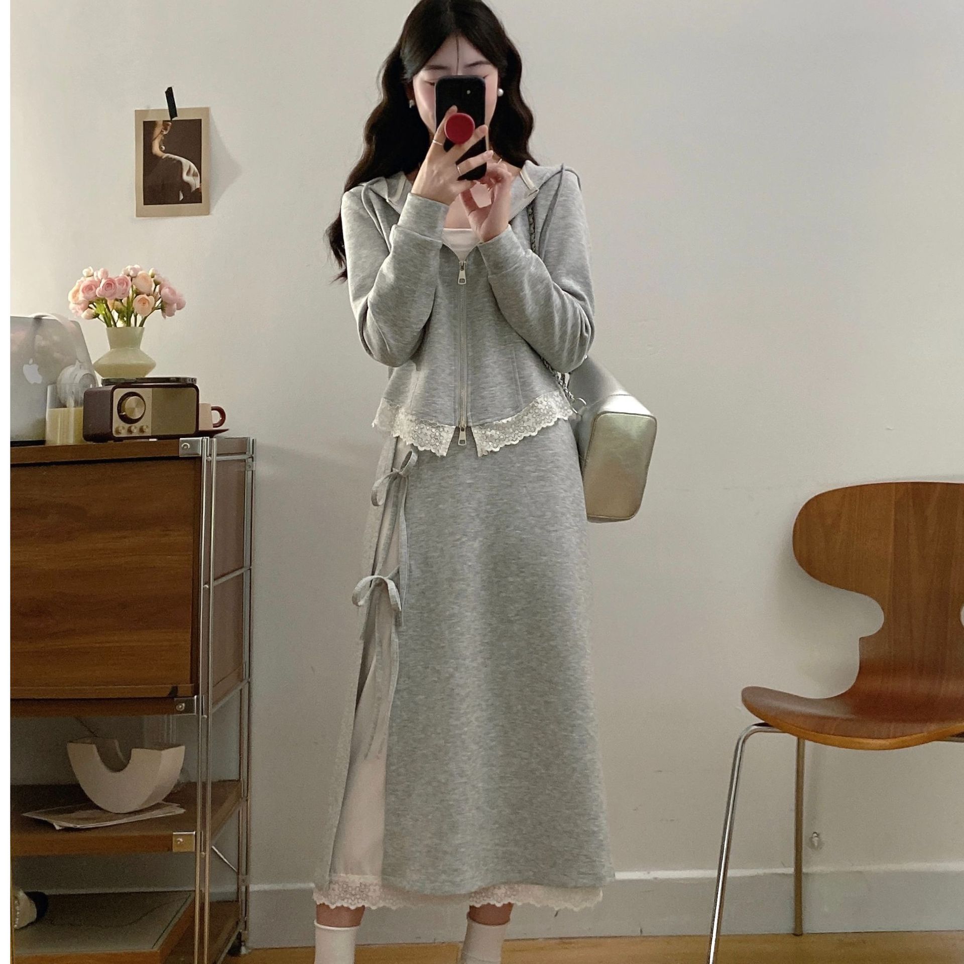 大码胖mm蕾丝拼接连帽上衣女秋季高腰半身裙韩系气质休闲两件套装