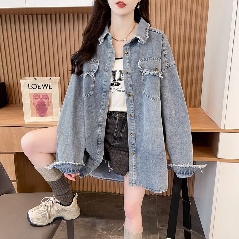 复古港味毛边牛仔衬衫女春季2025新款宽松炸街休闲设计感外套上衣