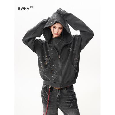 美式满天星烫钻连帽卫衣