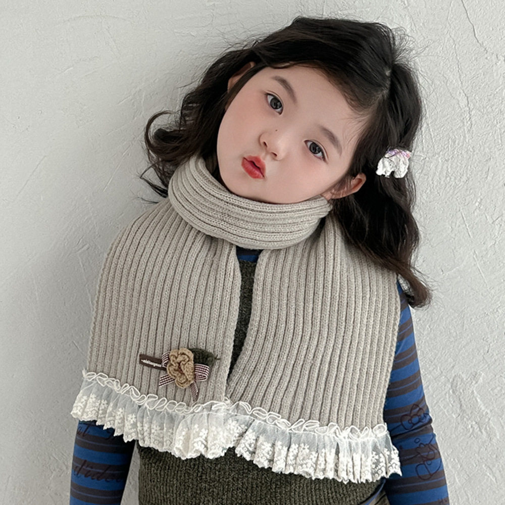 秋冬保暖防寒百搭儿童围巾日系文艺复古甜美刺绣蕾丝花边针织围巾