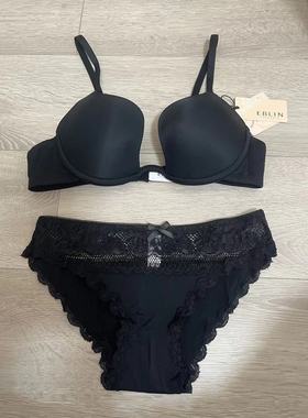 韩国EBLIN黑色经典光面后单排扣文胸无痕舒适性感聚拢女内衣套装
