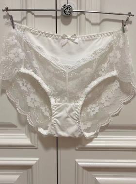韩国EBLIN时尚白色蝴蝶结拼接透气蕾丝性感修身舒适女士平角内裤