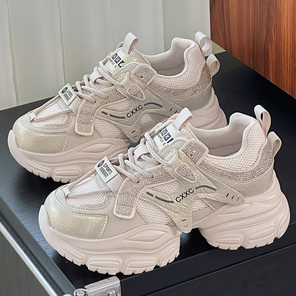 真皮厚底老爹鞋女2026春季新款增高轻便休闲运动鞋韩版水钻网面鞋,女鞋,老爹鞋,淘宝优惠券,粉丝福利购,淘宝优惠卷