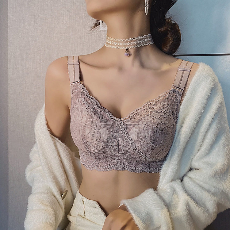 品牌大胸显小文胸罩无钢圈性感蕾丝防下垂全罩杯超薄聚拢大码内衣