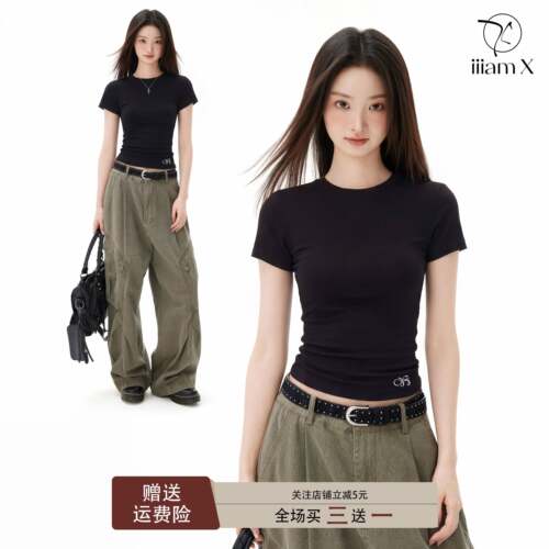 iiiamX黑色正肩短袖t恤女夏内搭打底衫修身紧身收腰上衣2026新款