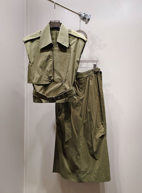 0MB.欧洲站新品HELMCH深圳南油辣妹连帽肩垫马夹抽绳半身裙套装女