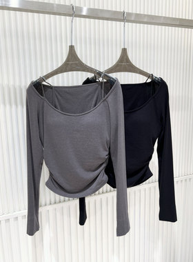 0MB.欧洲站新品深圳南油抽褶收腰长袖T恤修身百搭时髦设计感上衣