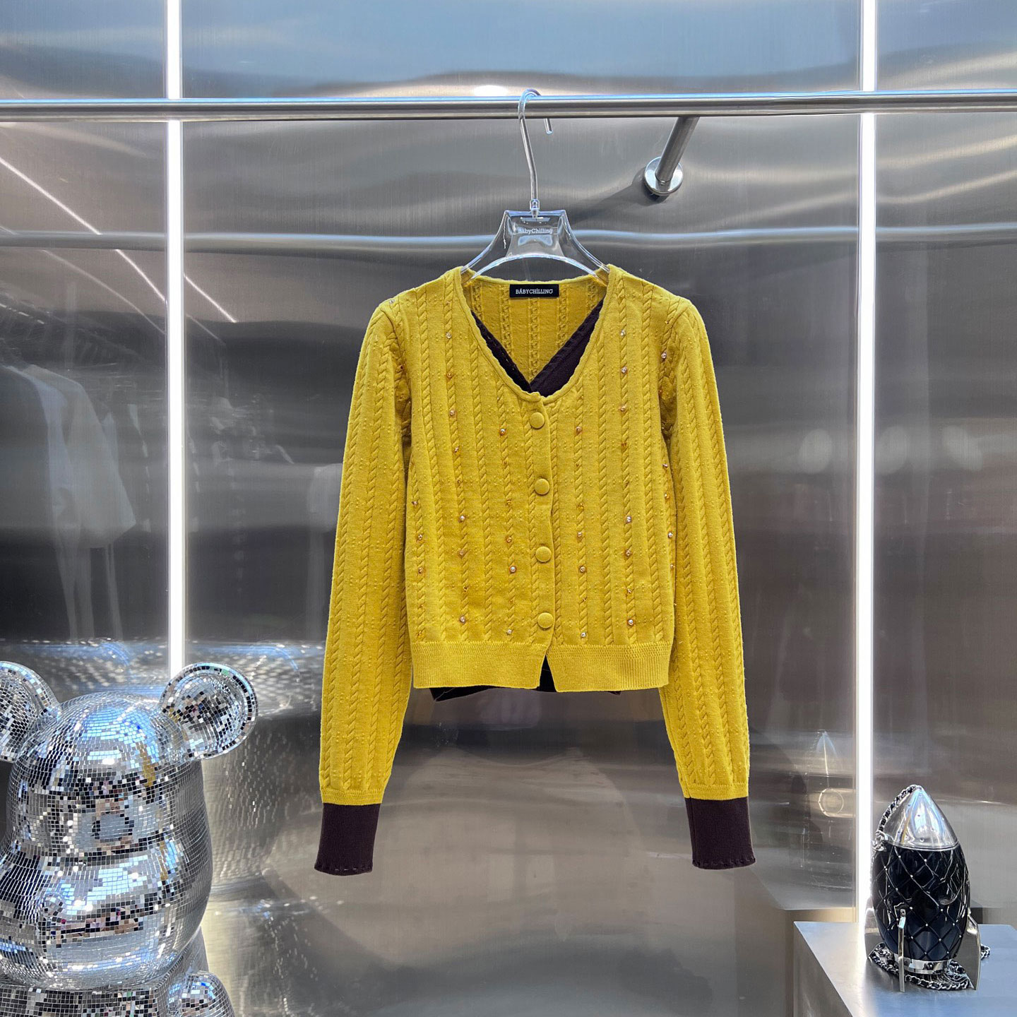 0MB.欧洲站新品深圳南油撞色假两件双层毛衣设计感V领针织开衫女