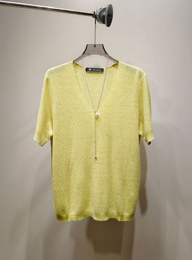 0MB.欧洲站新品HELMCH轻奢软糯百搭短袖上衣V领透气冰丝针织衫女