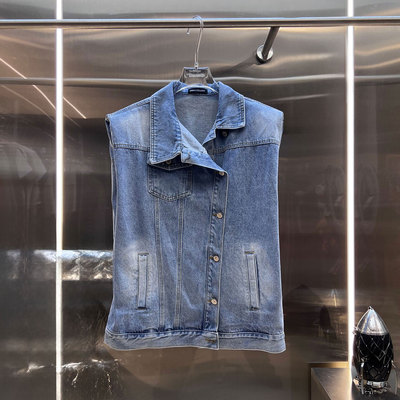 0MB.欧洲站新品美式复古无袖开衩马夹外套垫肩洗水百搭牛仔马甲女