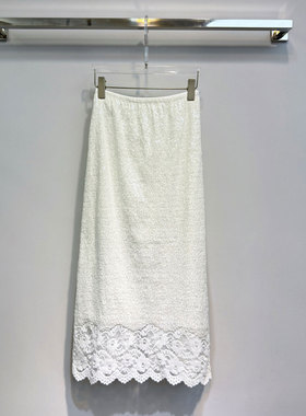 0MB.欧洲站新品英伦风蕾丝钩花亮片半身裙中长款性感开叉包臀裙女