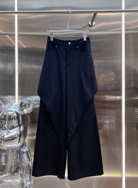 0MB.欧洲站新品英伦风黑色条纹高腰时髦宽松长裤多层次减龄阔腿裤