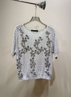 0MB.欧洲站新品HELMCH重工钉珠刺绣减龄上衣圆领套头短款针织衫女