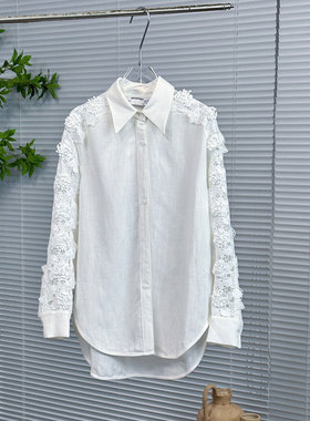 0MB.欧洲站新品英伦风宽松气质百搭减龄上衣翻领镂空蕾丝刺绣衬衫