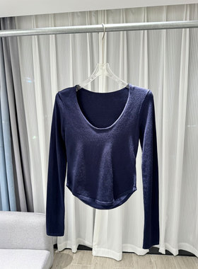 0MB.欧洲站新品羊毛U领显瘦纯欲风上衣弧形下摆收腰长袖打底T恤女