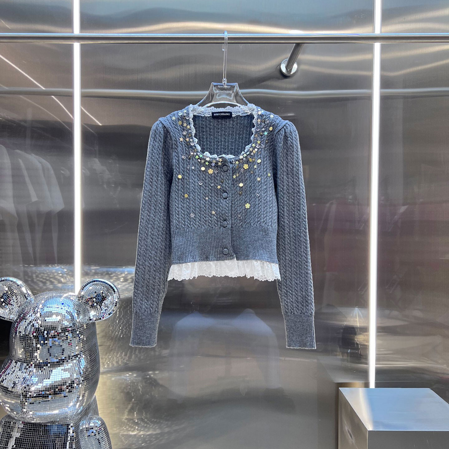 0MB.欧洲站新品南油高端千金名媛蕾丝边立体珠片刺绣针织毛衫开衫