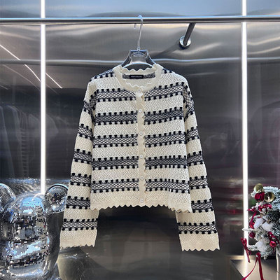 0MB.欧洲站新品深圳南油法式甜美粉色薄款外套条纹镂空长袖针织衫