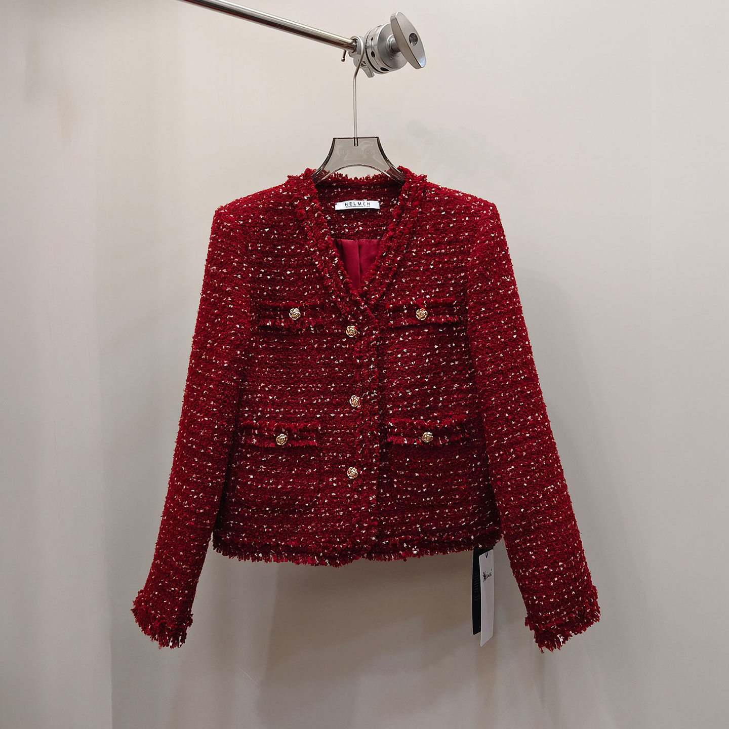 0MB.欧洲站新品HELMCH小香风圆领金扣上衣亮丝粗花呢编织流苏外套