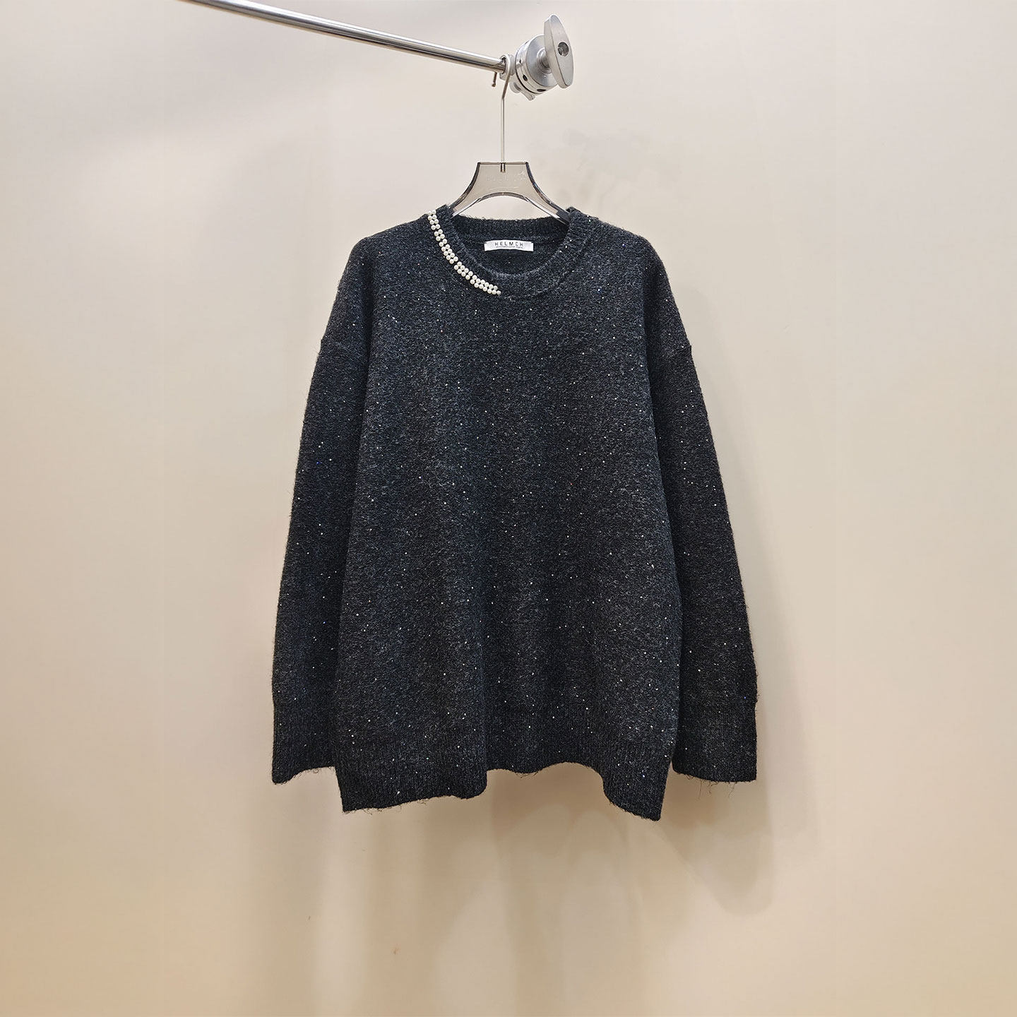 0MB.欧洲站新品HELMCH南油高端重工钉珠圆领灰色针织衫女亮丝毛衣