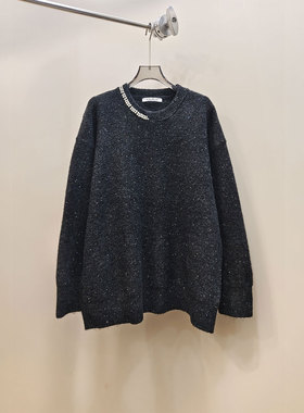 0MB.欧洲站新品HELMCH南油高端重工钉珠圆领灰色针织衫女亮丝毛衣