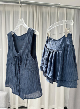 0MB.欧洲站新品深圳南油蝴蝶结系带V领背心高腰蛋糕裙子两件套装