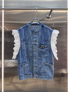 0MB.欧洲站新品叶边宽松无袖百搭背心坎肩蕾丝拼接牛仔马甲外套女