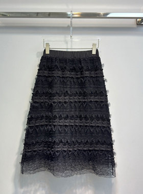 0MB.欧洲站新品松紧腰木耳边工艺蛋糕中裙高腰蕾丝花边气质半身裙