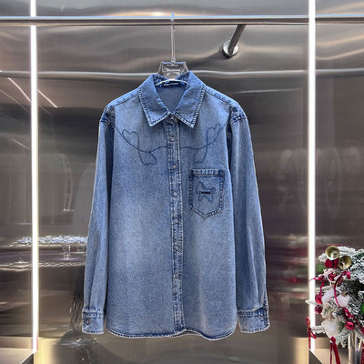 0MB.欧洲站新品早春复古廓形字母贴袋长袖上衣牛仔衬衫时髦外套女