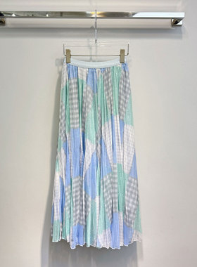 0MB.欧洲站新品度假风印花褶皱网纱半身裙蓝碎花天丝中长款a字裙